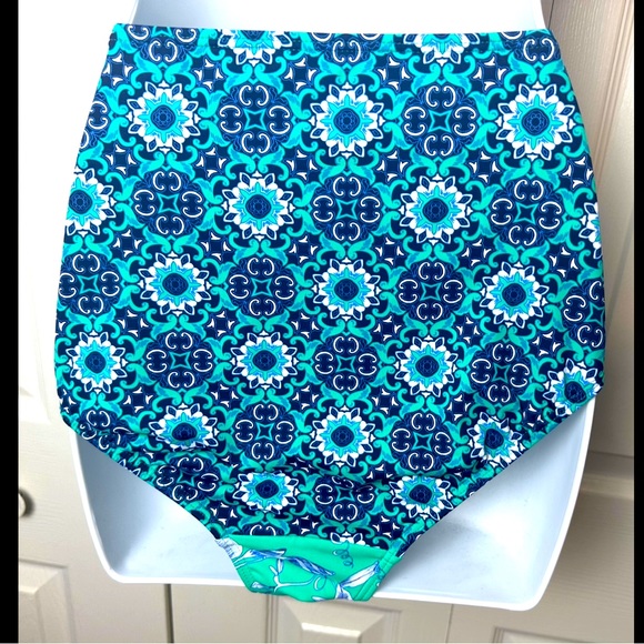 LANDS END Retro High Waisted Swimsuit Bottoms Briefs Green Floral Medallion Geo - Picture 2 of 9